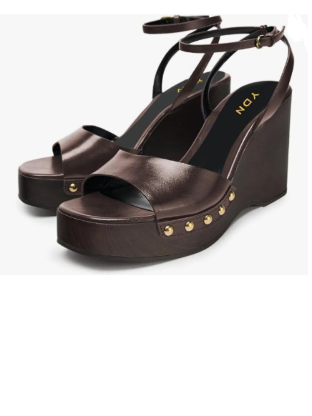 YDN Brown Open Toe Platform with Rivets Studs Strap Buckles Wedges Heels Sandals